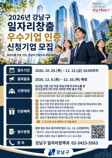 강남구, 일자리창출 우수기업 최대 30개사 모집…지원 혜택도 늘린다
