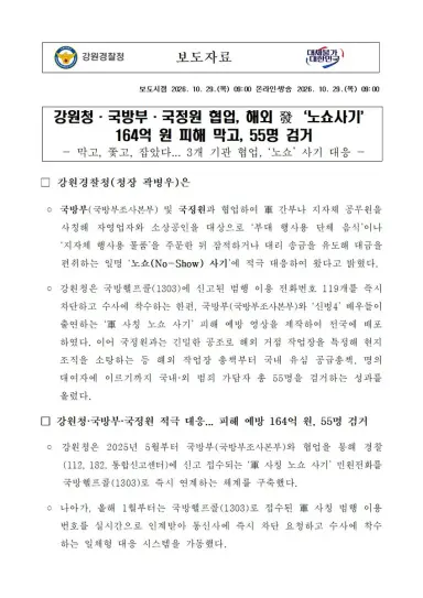 강원청·국방부·국정원 협업, 해외 發‘노쇼사기’ 164억 원 피해 막고, 55명 검거