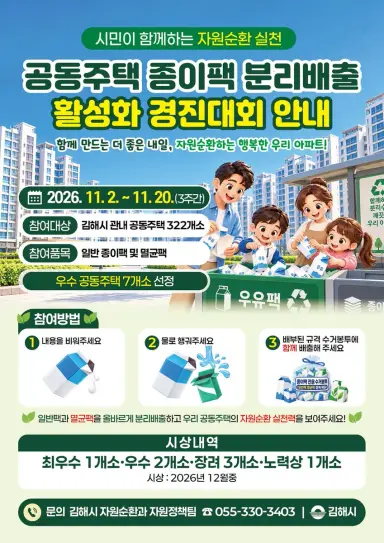 김해시, 공동주택 종이팩 분리배출 경진대회 개최내달