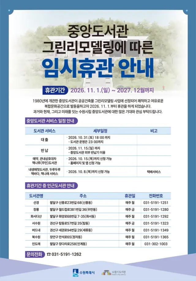 수원시 최초 시립도서관 ‘중앙도서관’, 친환경 새 단장 공사로 11월 1일부터 임시 휴관