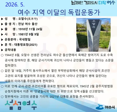 여수시, 2026년 5월 독립운동가로 오말수 선생 선정