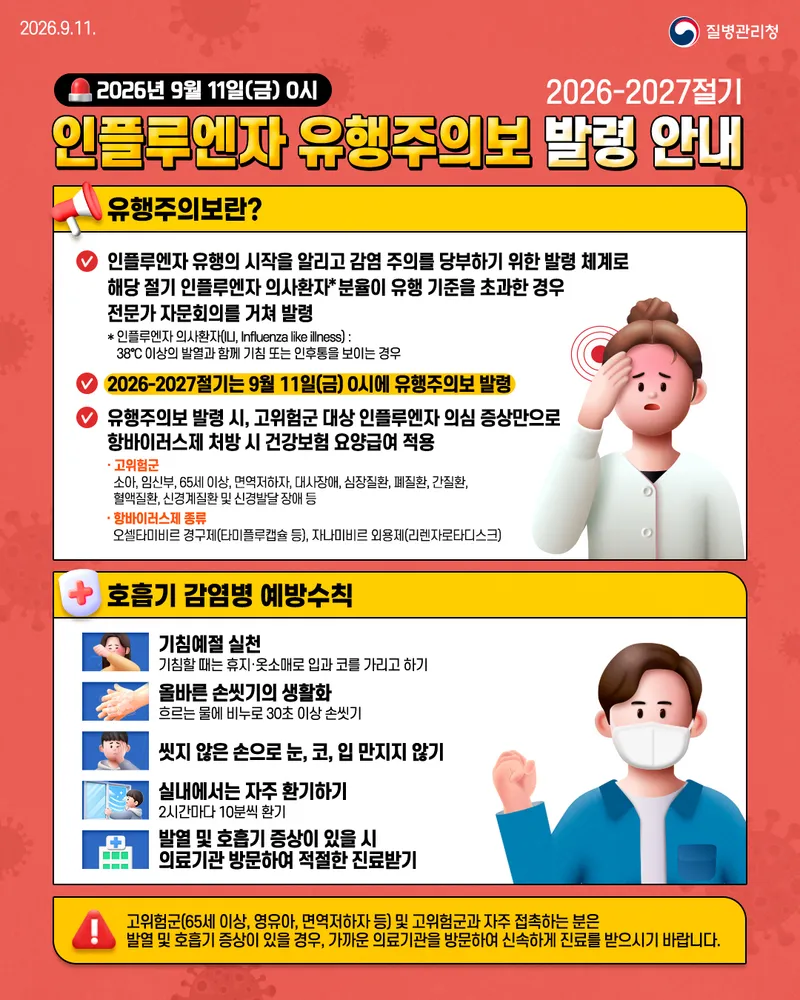 독감(인플루엔자) 유행주의보 발령… 호흡기감염병 예방수칙 준수 당부