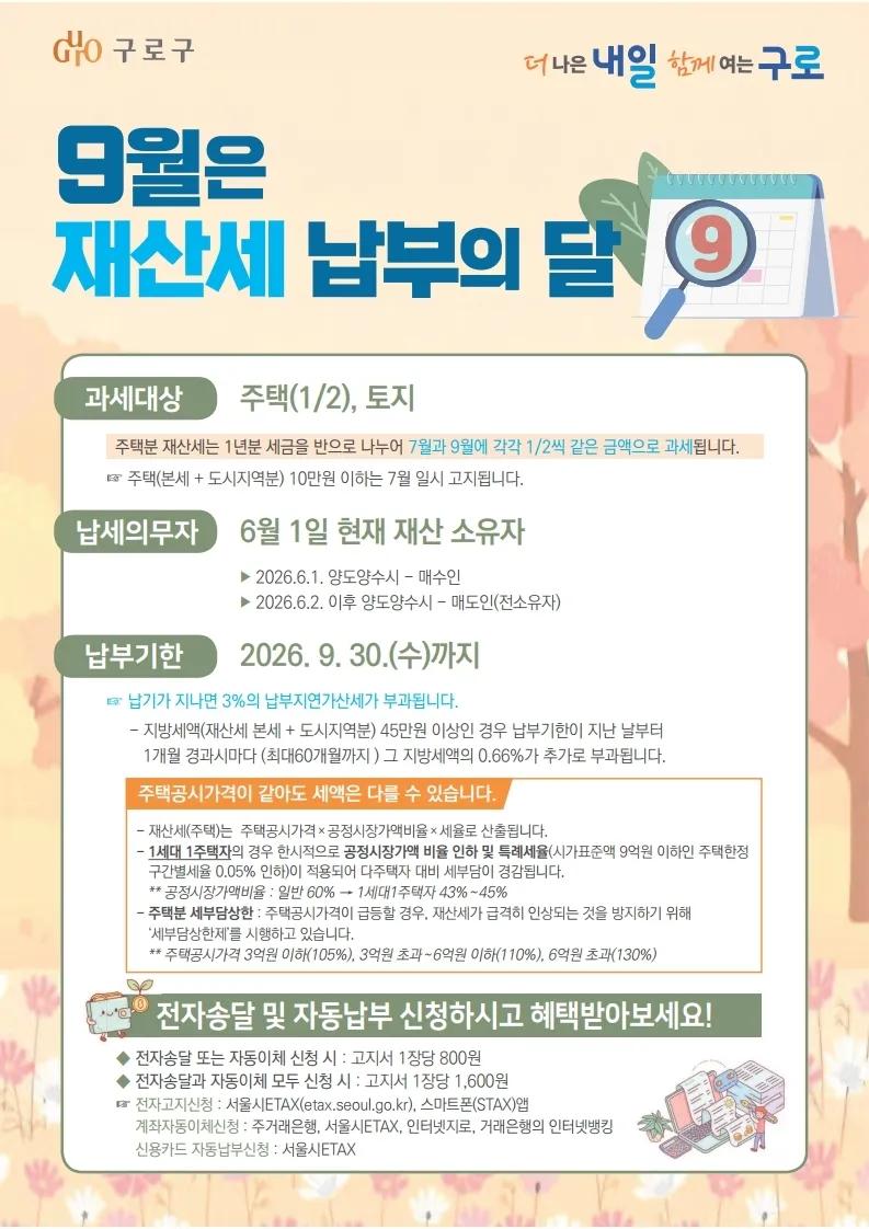 구로구, 9월은 재산세 납부의 달! 9월 30일까지 납부하세요