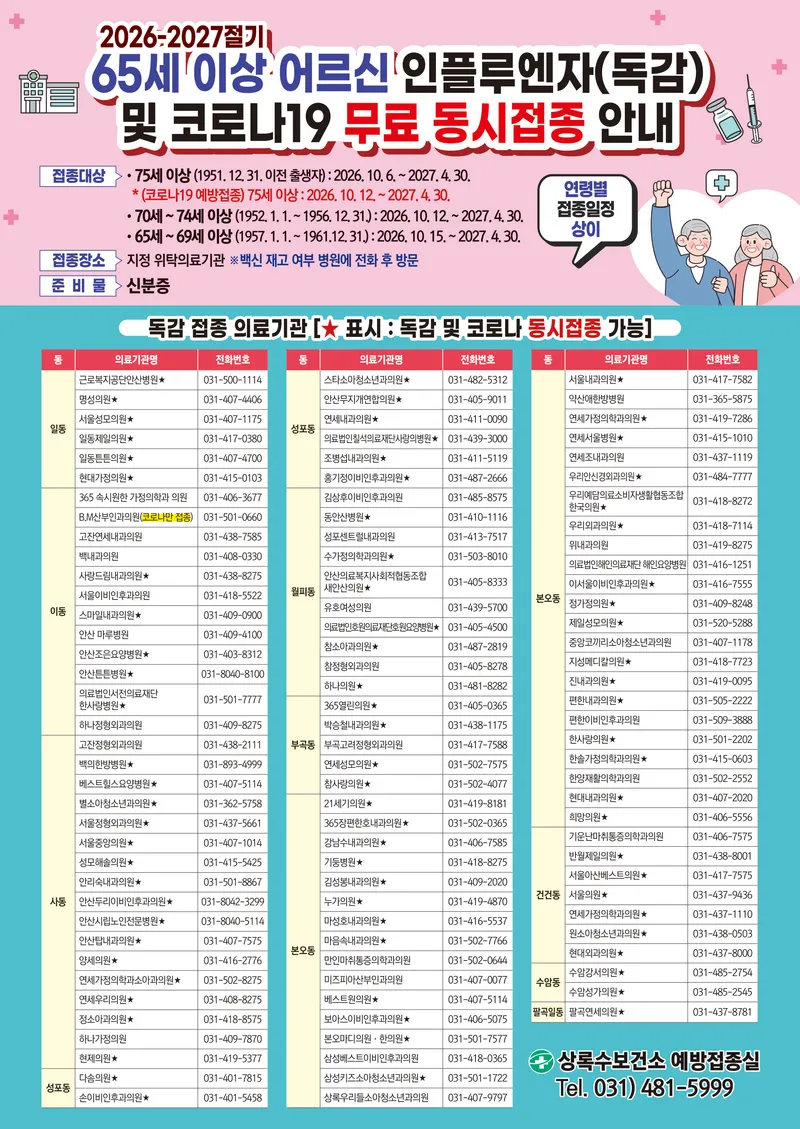 안산시, 9월 21일부터 독감 무료 예방접종… 일부 일정 앞당겨