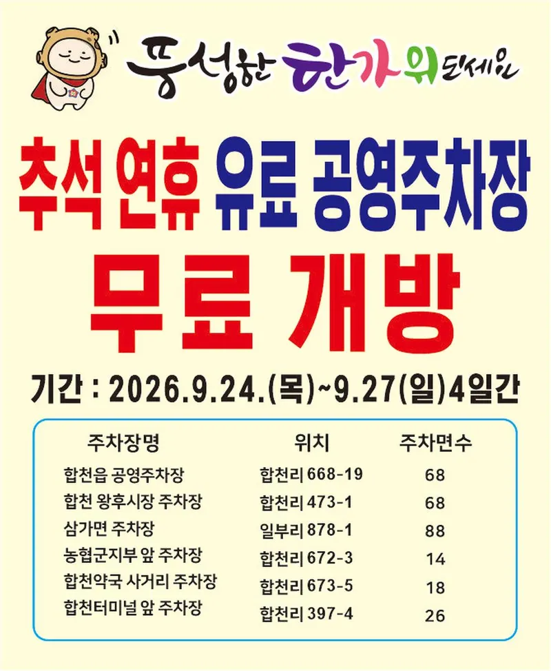 합천군 공영주차장 추석연휴 무료개방
