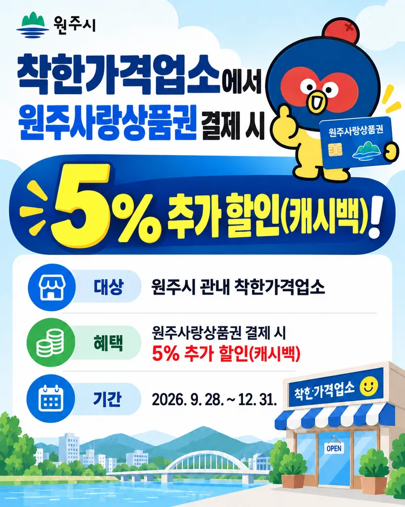 원주시, 착한가격업소 원주사랑상품권 결제 시 5% 추가 환급
