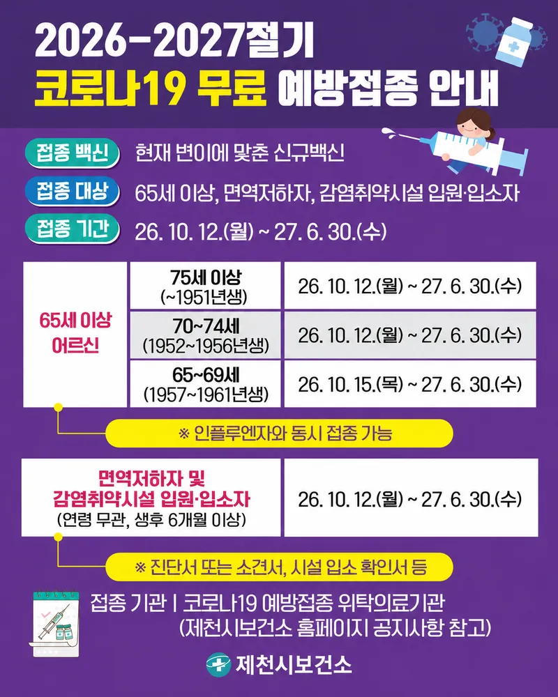 제천시, 2026-2027절기 코로나19 예방접종 실시