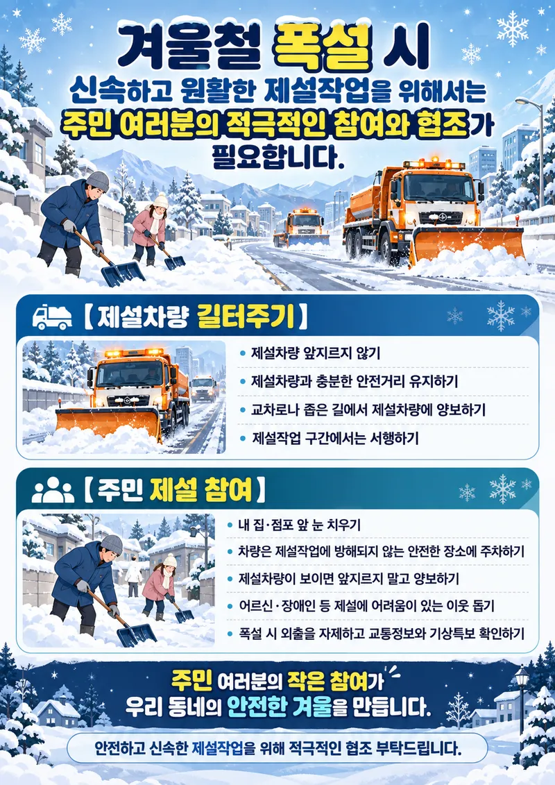 겨울철 폭설대비 제설차량 길터주기 및 주민 제설참여 안내