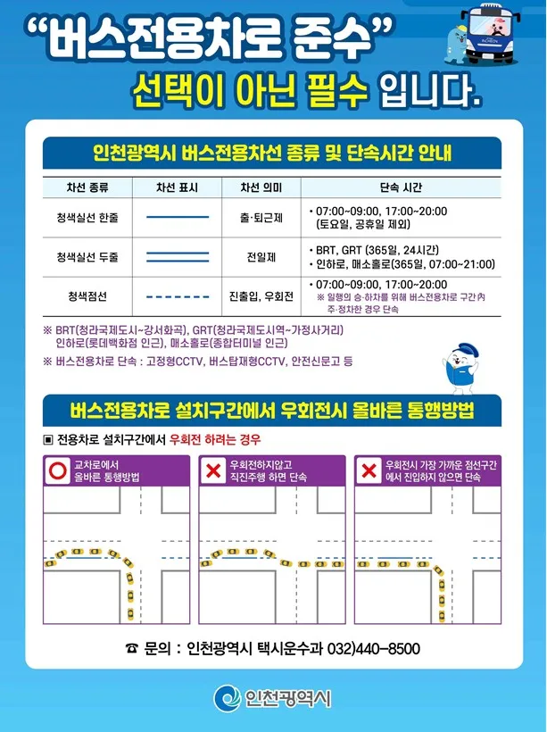 인천시, 버스전용차로 통행위반 집중 단속 대중교통 정시성 확보