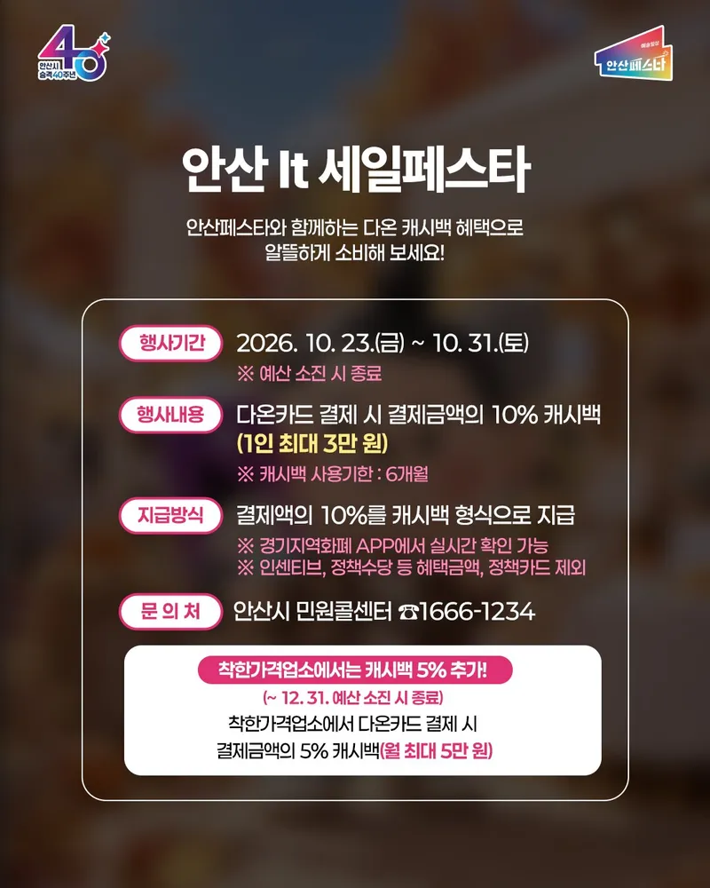 안산시, 23일부터 ‘안산 잇(It) 세일 페스타’…10% 캐시백 지급