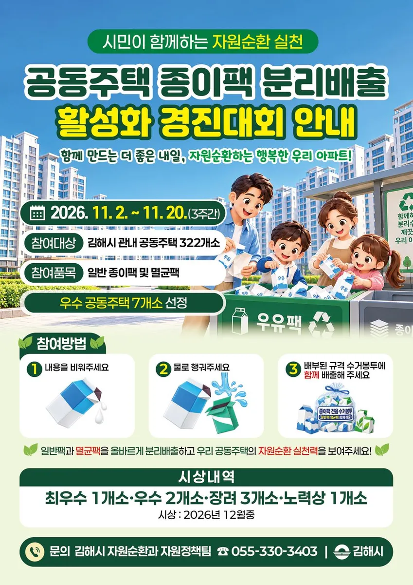 김해시, 공동주택 종이팩 분리배출 경진대회 개최내달