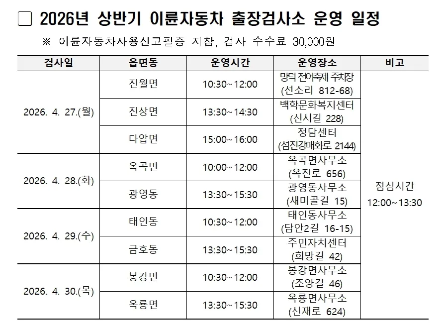 광양시, 검사소 없는 지역 주민 위해 4월 말 이륜차 출장검사 실시