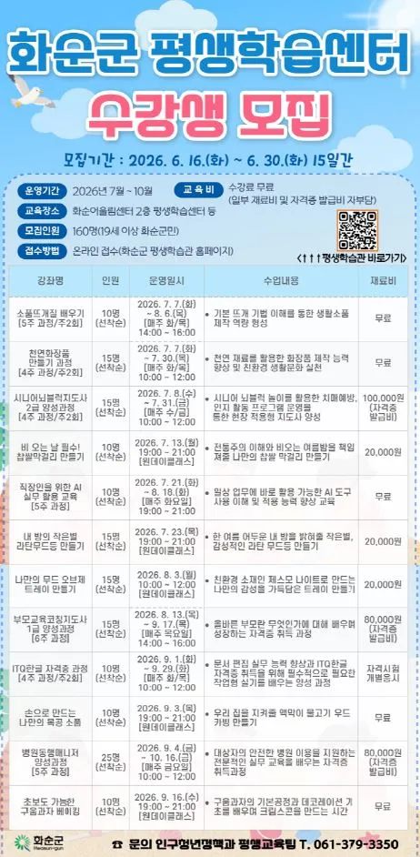 화순군 평생학습 3분기 수강생 모집…'AI·뜨개질' 등 인기 강좌