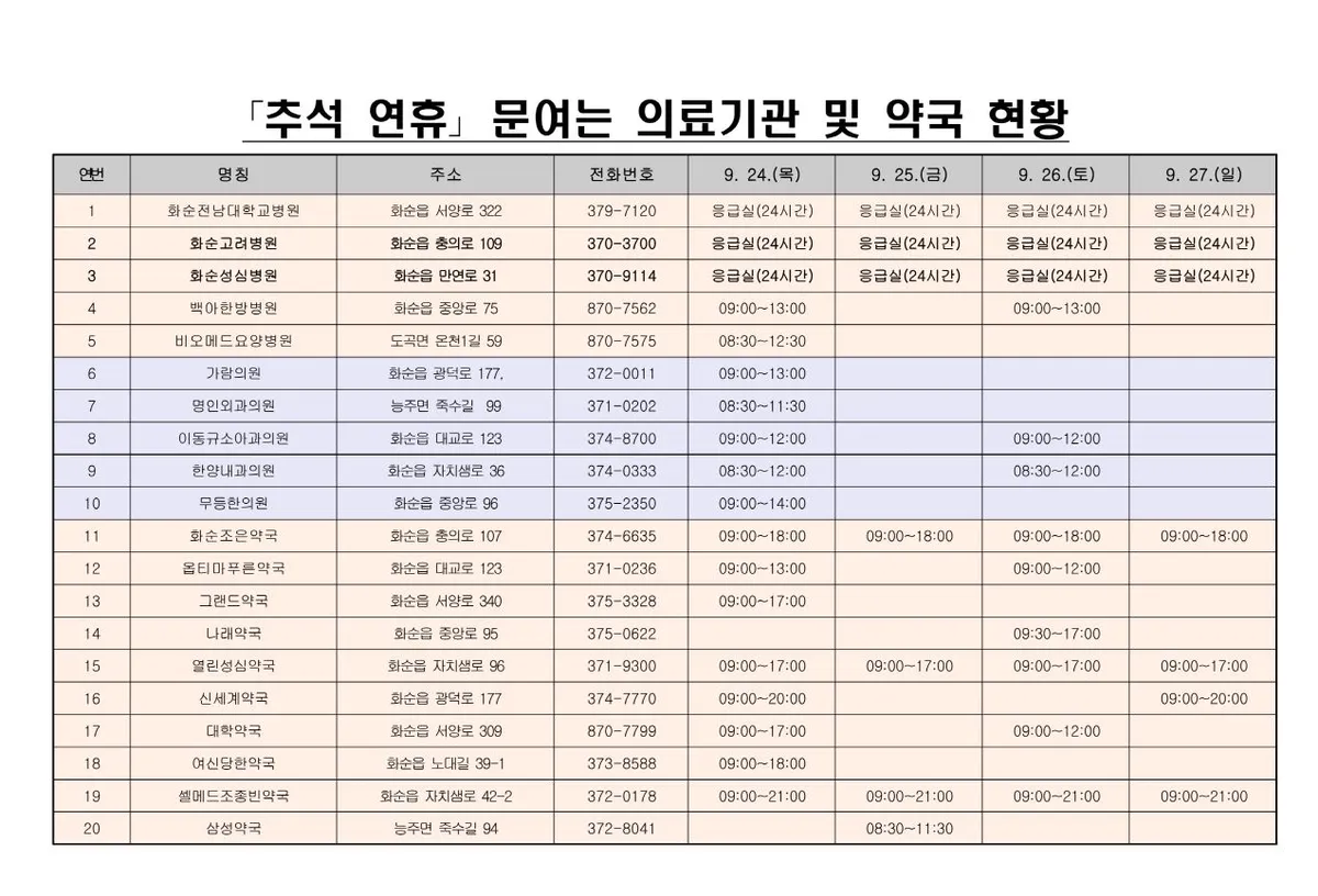 화순군, 추석 연휴 비상 응급의료 상황반 4일간 운영