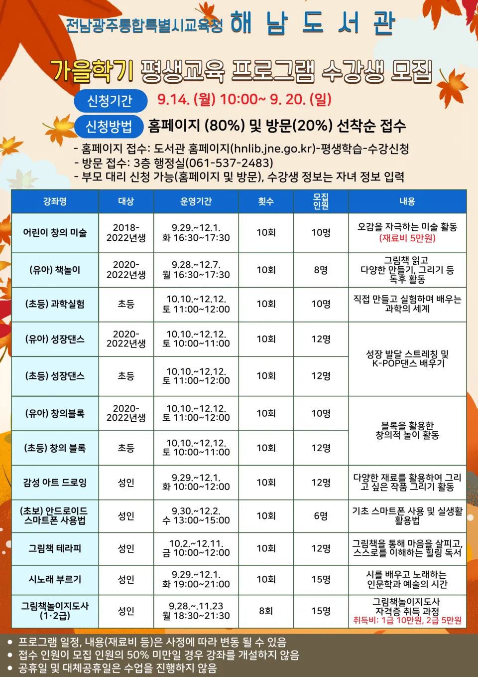 해남도서관, 가을학기 평생교육 12개 강좌 운영…수강생 모집