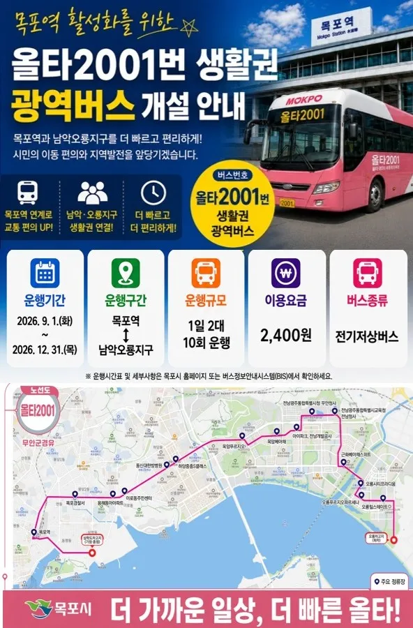 목포역∼남악·오룡 연결 광역급행버스 '올타2001번' 운행 시작 - 행정 | 코리아NEWS