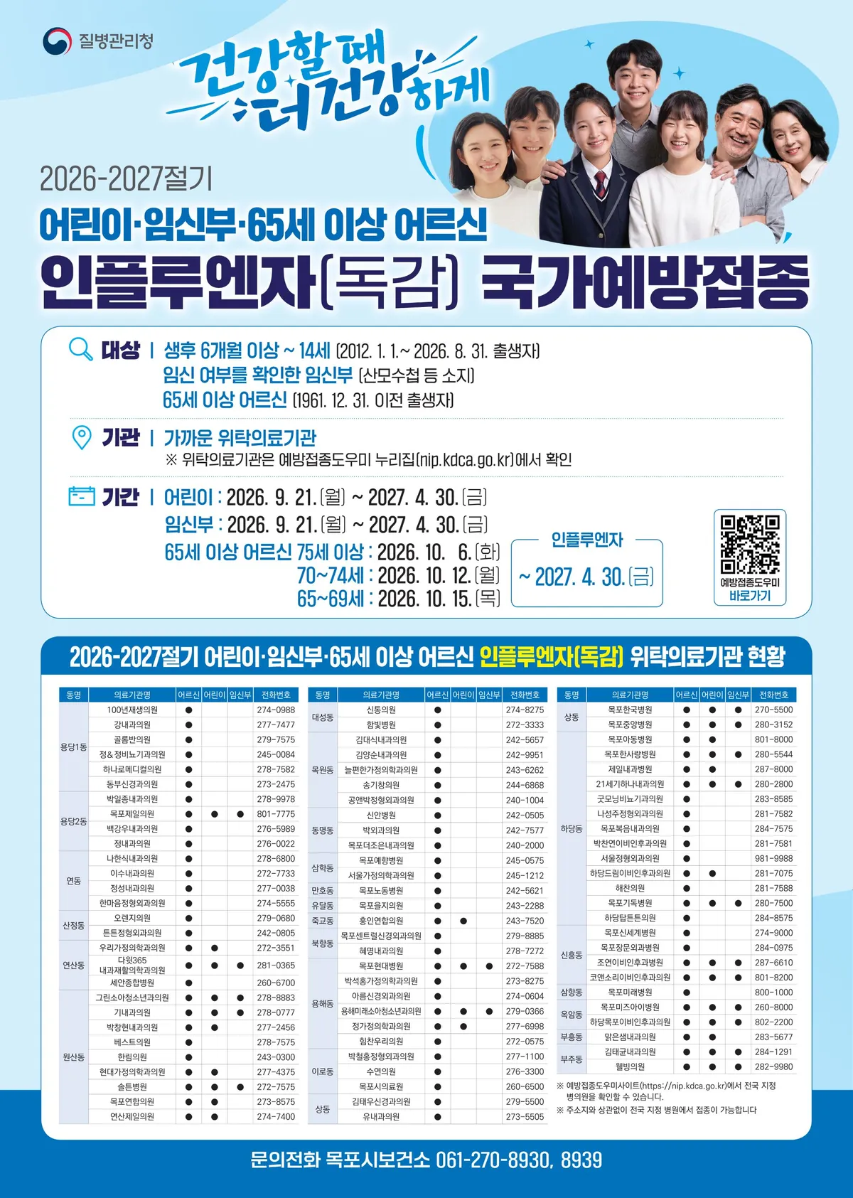 목포시, 2026-2027절기 인플루엔자 무료 예방접종 9월 21일 개시