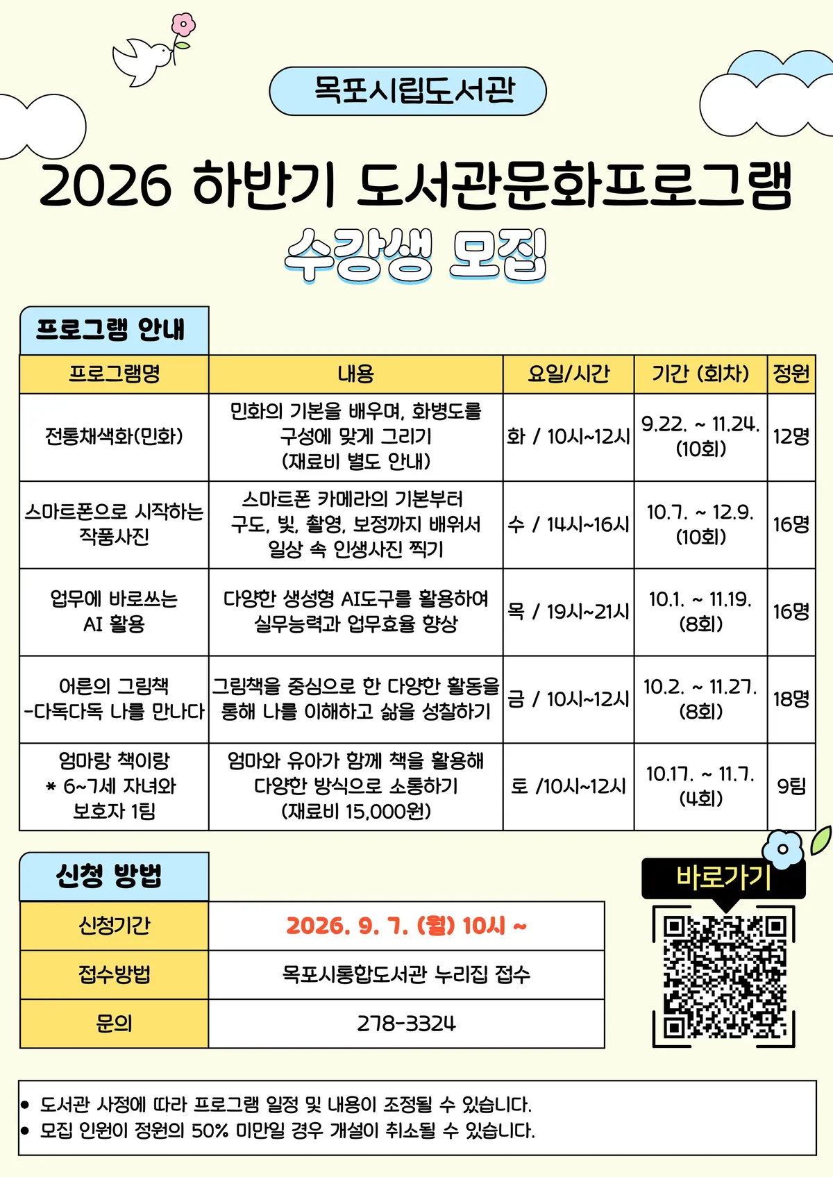 목포시립도서관, 하반기 문화프로그램 5개 강좌 수강생 모집