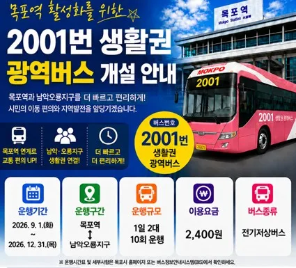 무안군, 남악~목포역 광역급행버스 2001번 신설…철도 환승 편리