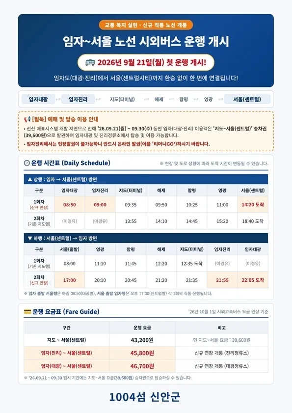 신안 임자~서울 시외버스 직통노선 9월 21일 개통