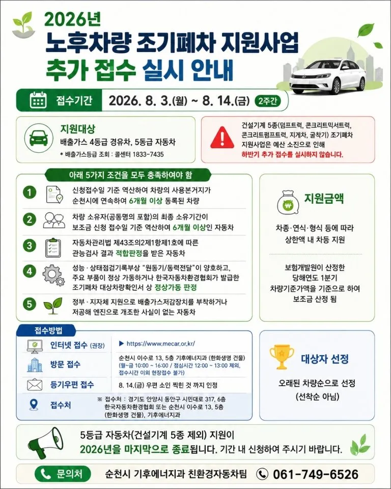 순천시, 노후차 조기폐차 2차 추가접수…올해가 마지막 기회