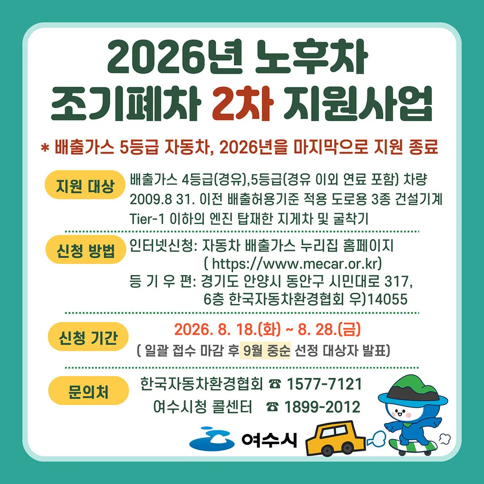 여수시, 5등급 노후차 조기폐차 마지막 기회…예산 2배 확대 - 행정 | 코리아NEWS