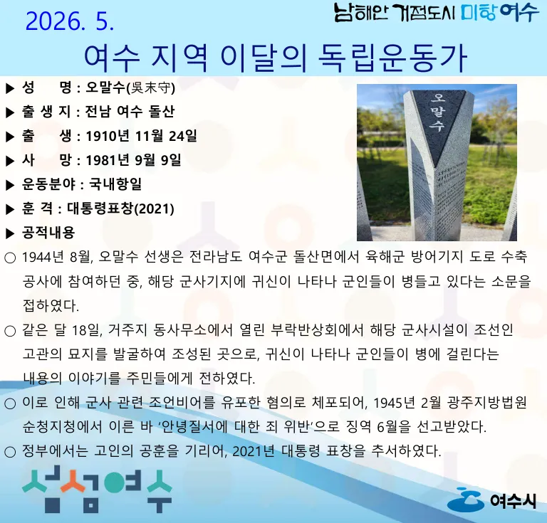 여수시, 2026년 5월 독립운동가로 오말수 선생 선정 - 교육 | 코리아NEWS