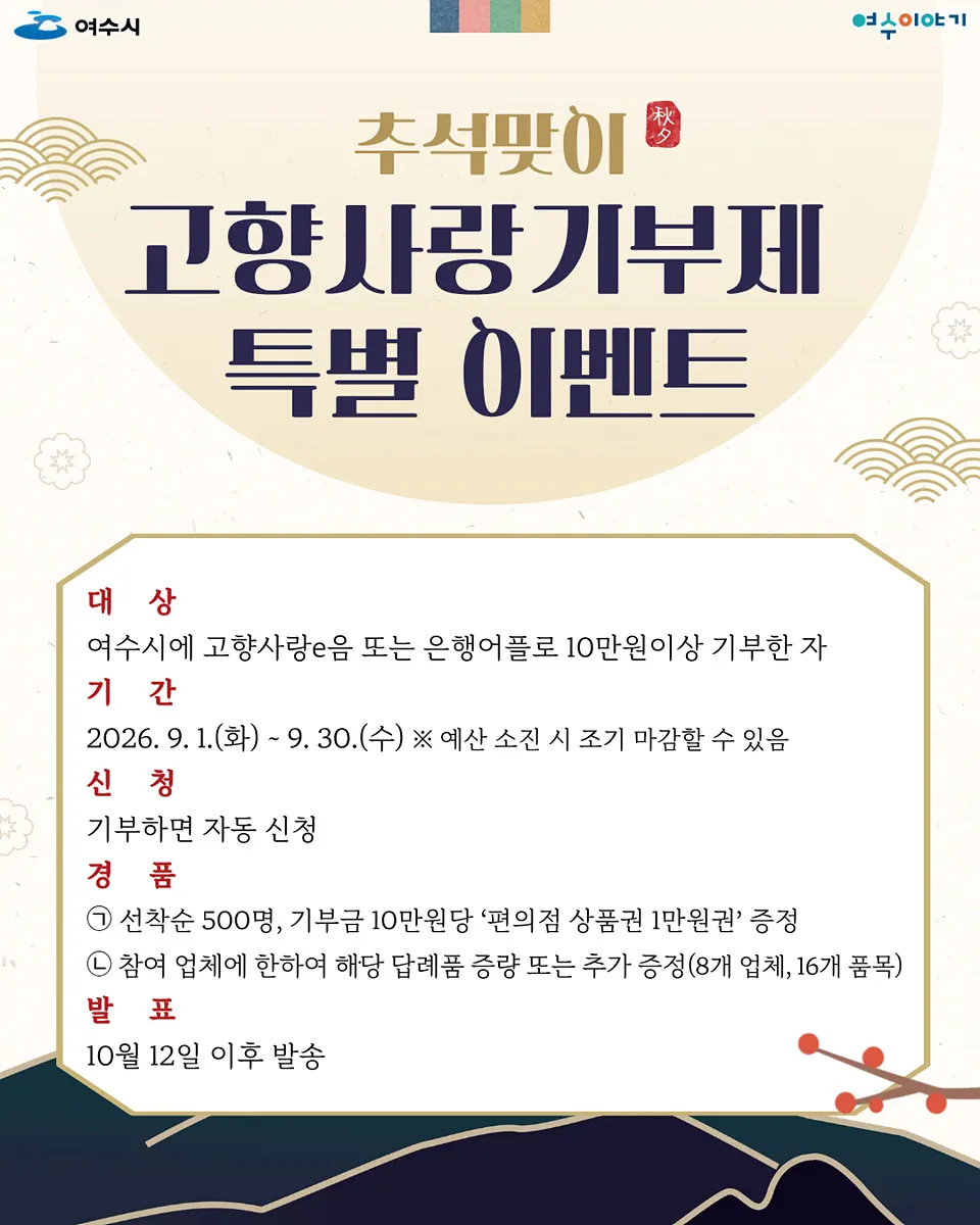 여수시, 추석 명절 고향사랑기부 '모바일 상품권' 선착순 증정 - 행정 | 코리아NEWS