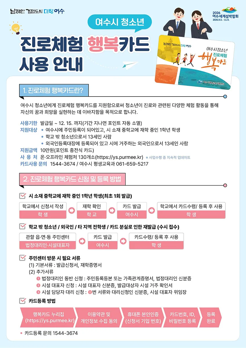 여수시, 청소년 꿈 키운다…‘진로 체험 행복카드’ 본격 지원 - 복지 | 코리아NEWS