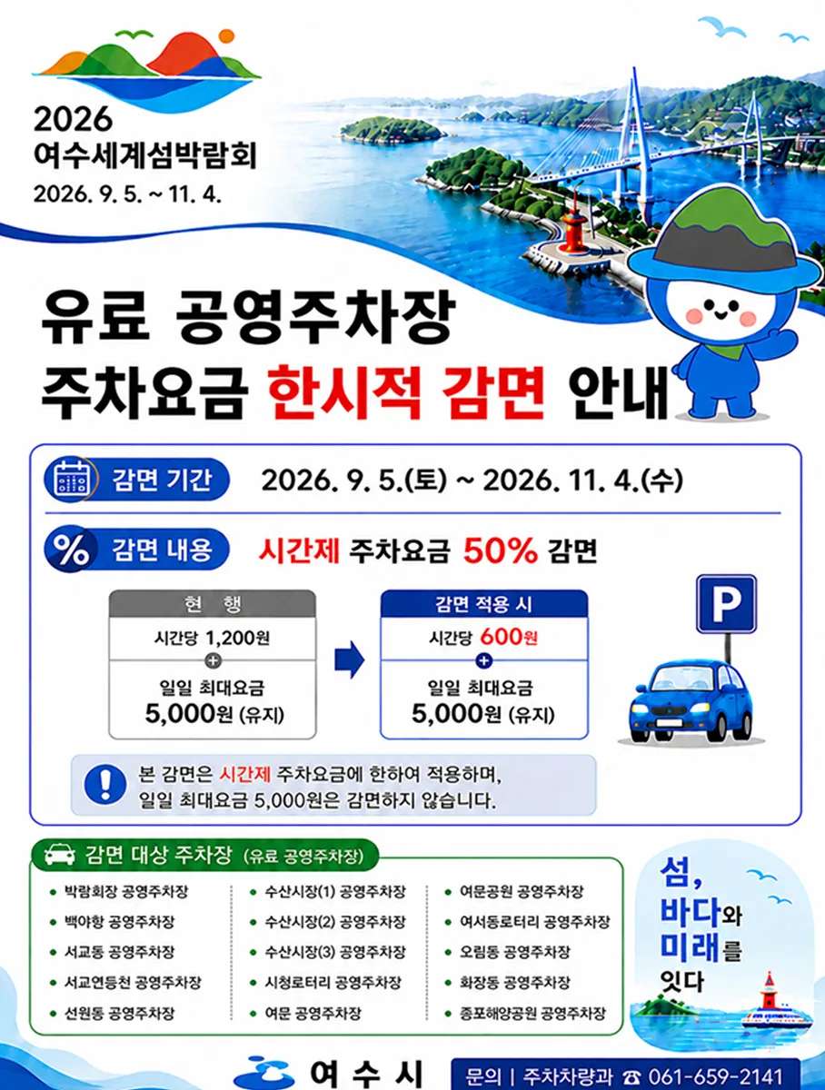 여수시, 섬박람회 기간 공영주차장 15곳 주차요금 50% 감면 - 행정 | 코리아NEWS