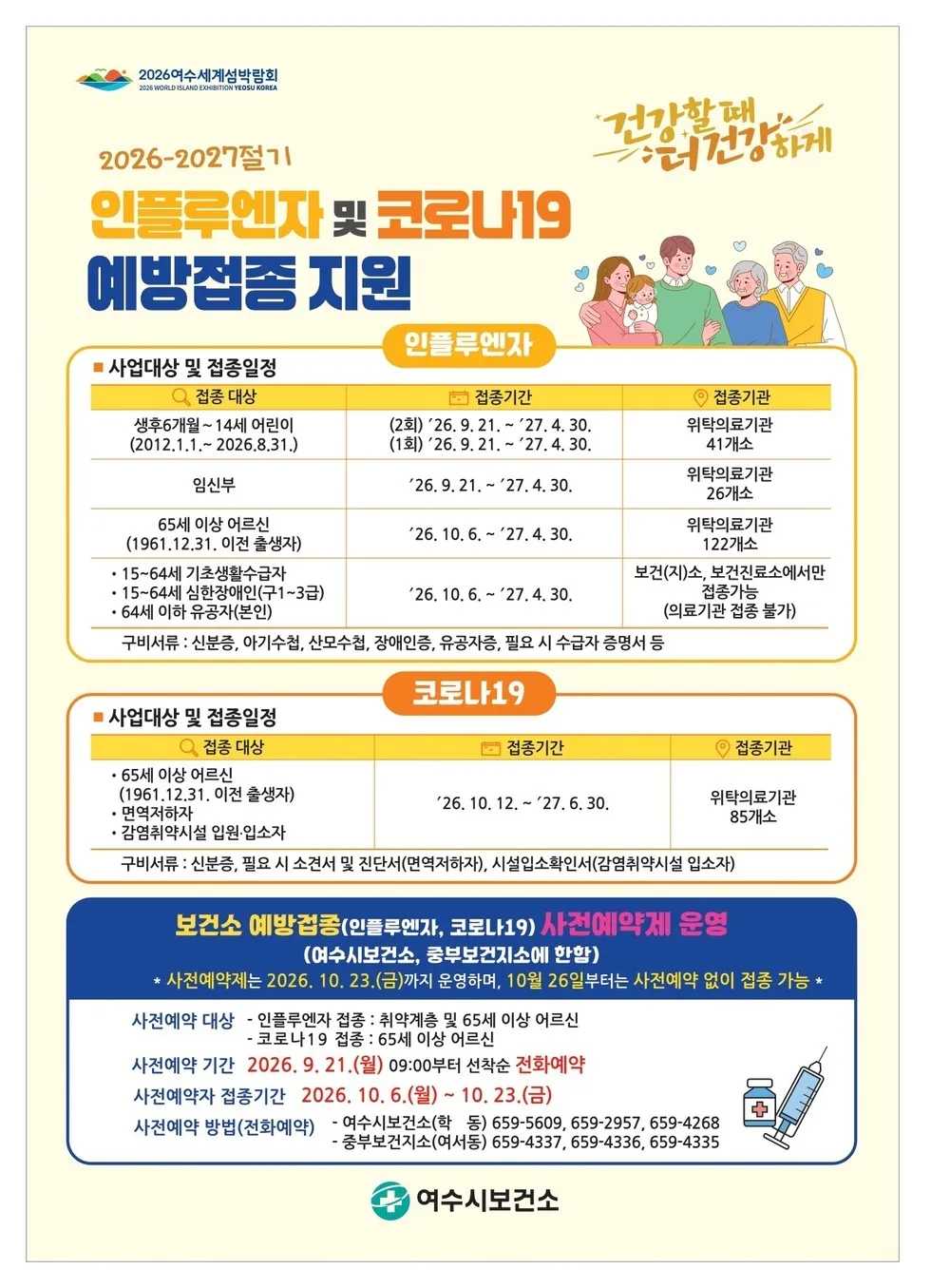 여수시, 9월 21일부터 독감·코로나19 무료 예방접종 실시