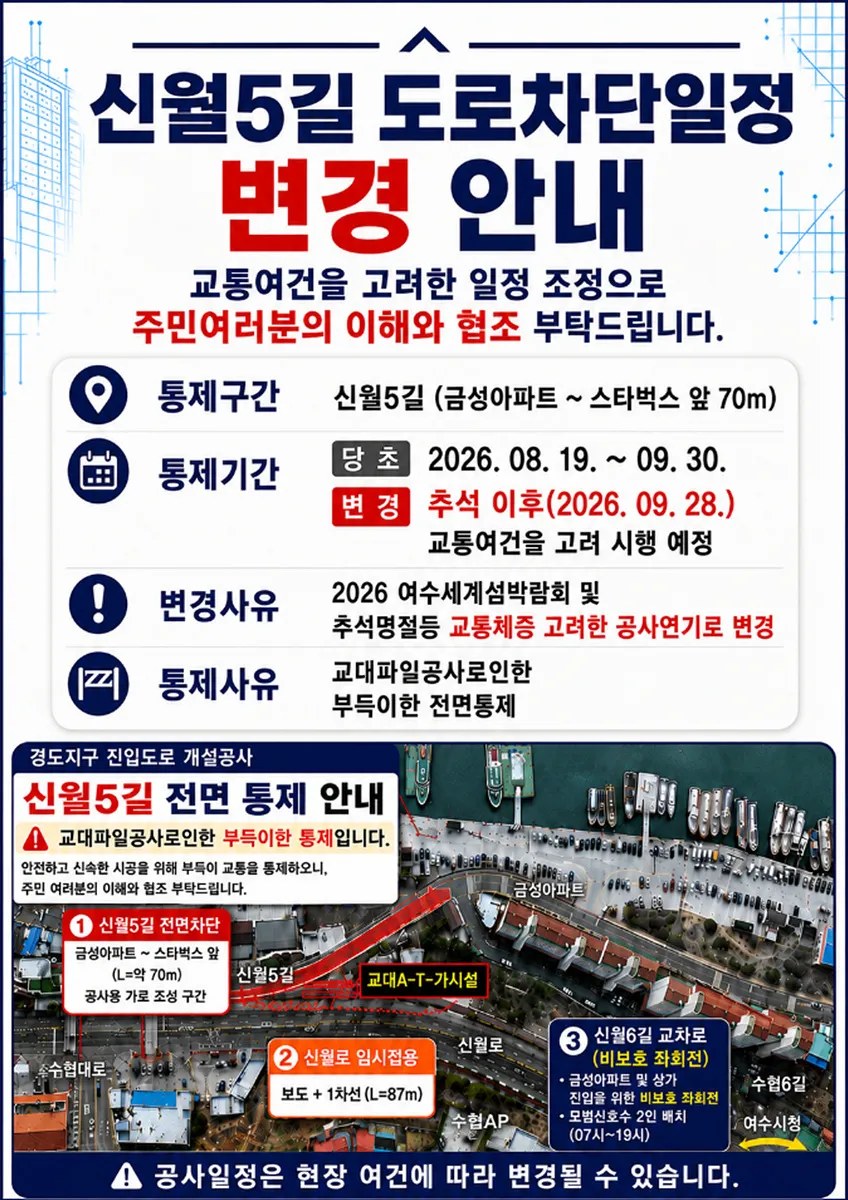 여수시, 섬박람회·추석 교통혼잡 우려…신월5길 전면 통제 연기