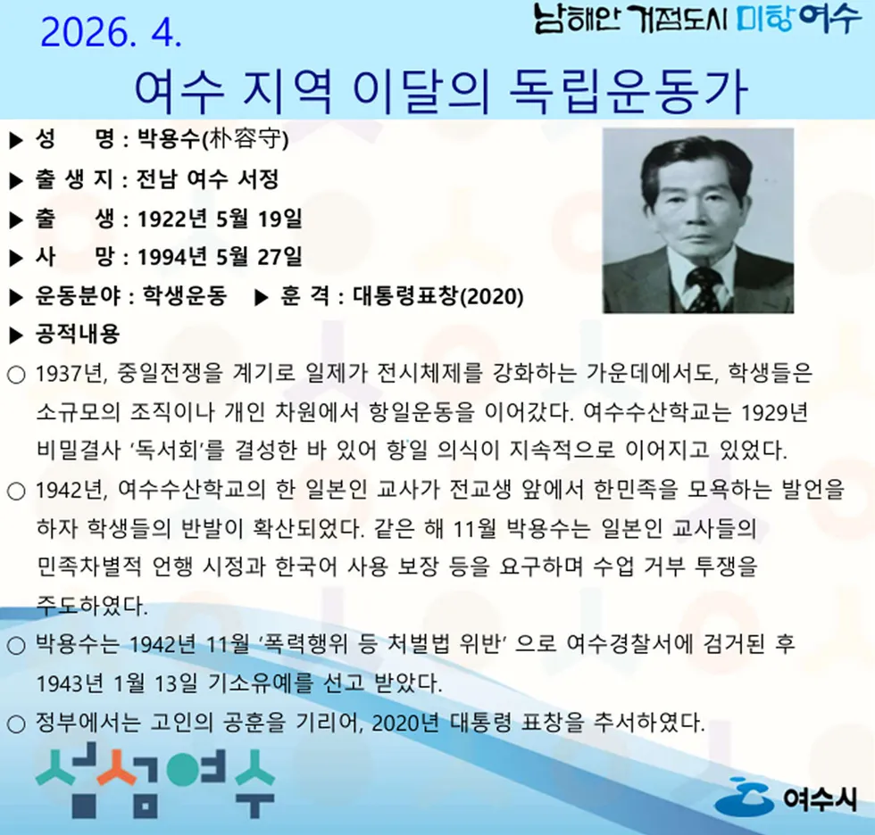 일제 강점기 항일투쟁 이끈 ‘박용수 선생’, 2026년 4월의 독립운동가로 선정 - 교육 | 코리아NEWS