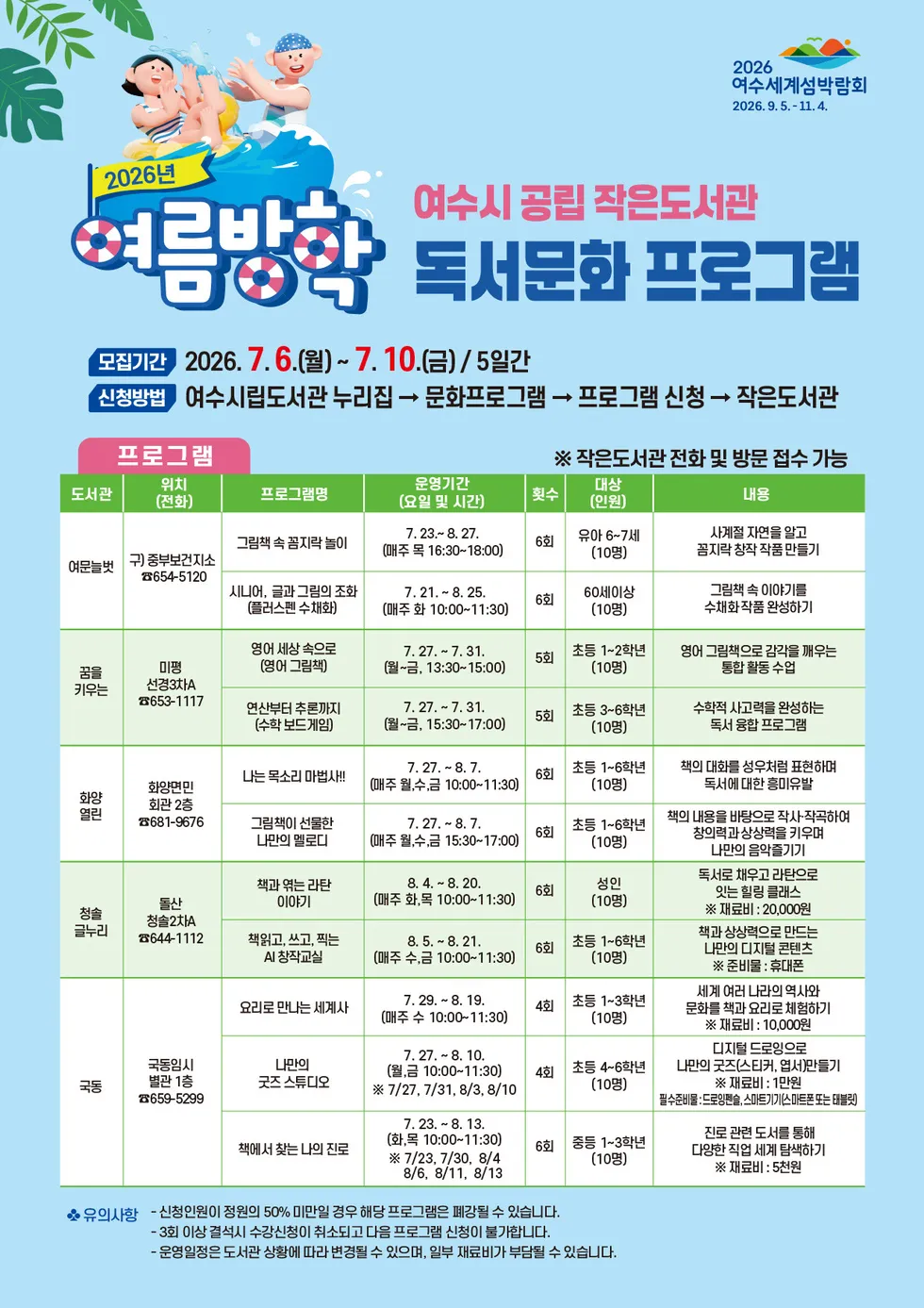 여수시, 여름방학 ‘독서문화 프로그램’ 수강생 모집…AI·요리 등 다양한 강좌 운영