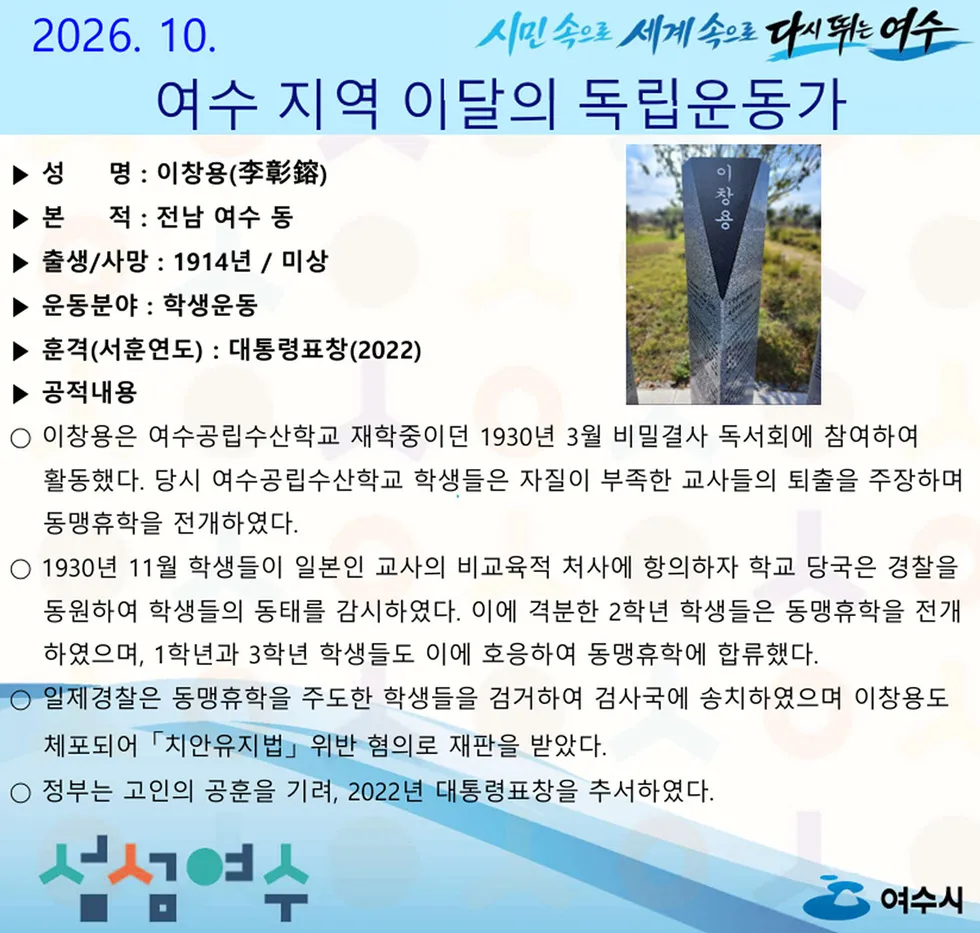 여수시, 10월의 독립운동가에 이창용 선생 선정